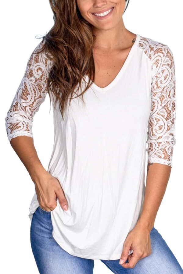 Women's Lace Short Sleeve V-Neck T-Shirt Loose Casual Summer Tee Tops