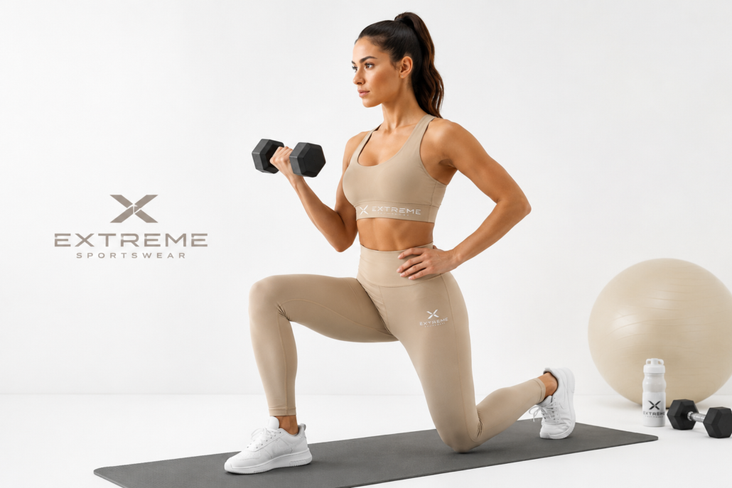 women doing workout in gym wearing a nice leggings and sports bra having extreme sportswear logo on it. girl is wearing beige activewear