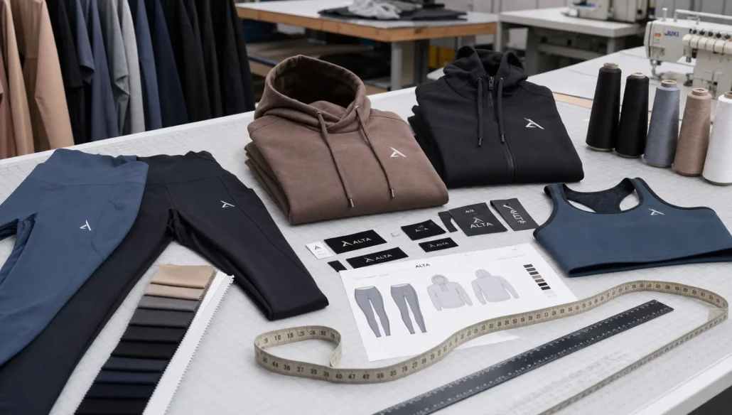 A clean apparel production workspace with gym leggings, hoodies, fabric swatches, measuring tools, thread cones, and branded labels arranged on a cutting table.