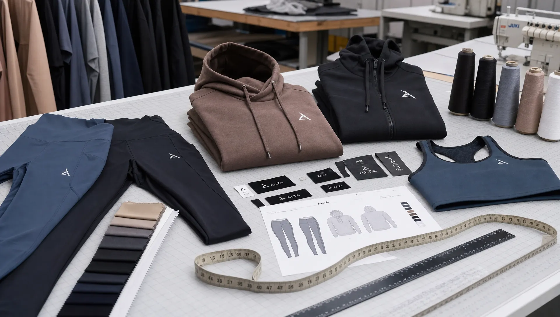 A clean apparel production workspace with gym leggings, hoodies, fabric swatches, measuring tools, thread cones, and branded labels arranged on a cutting table.