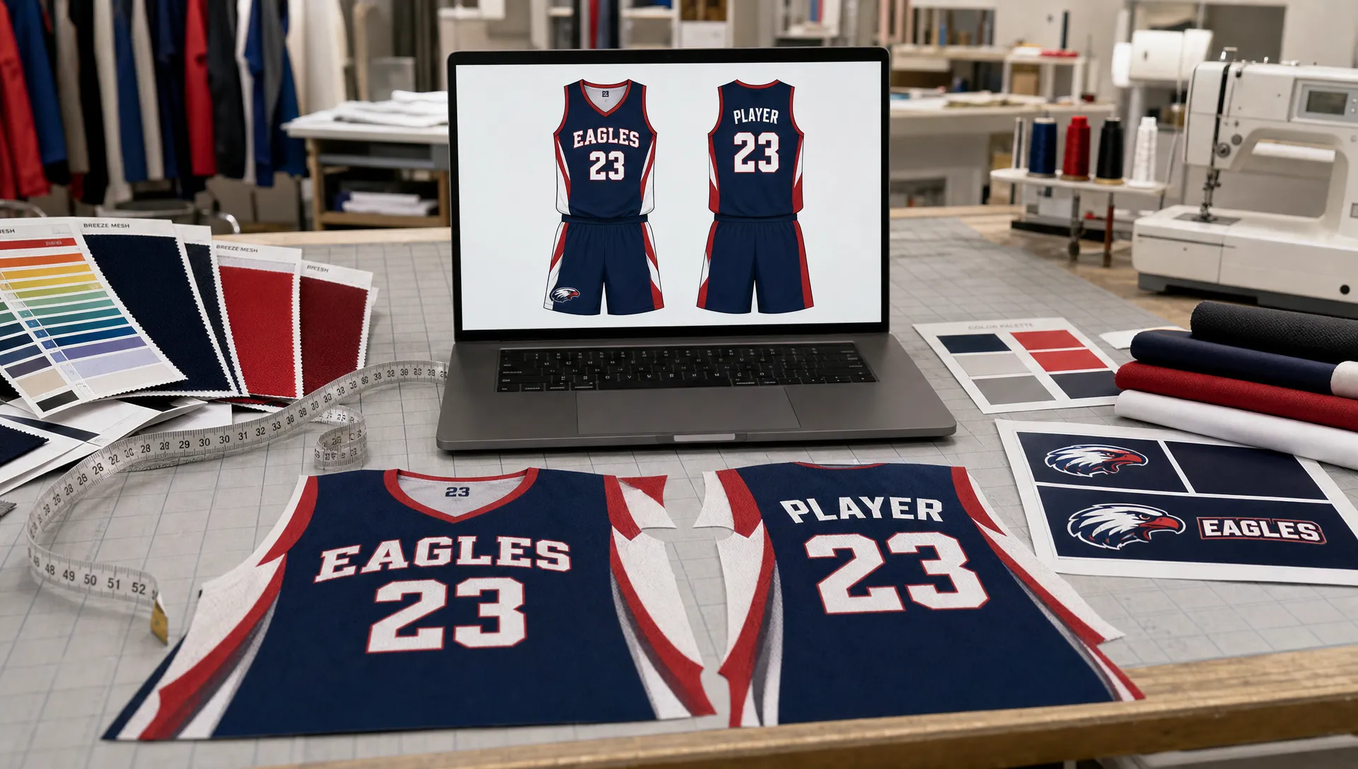 A custom sports uniform design workspace showing fabric swatches, printed jersey panels, color cards, measuring tape, and a laptop displaying a clean front-and-back uniform mockup on a correctly oriented screen, arranged on a cutting table in a sewing room.