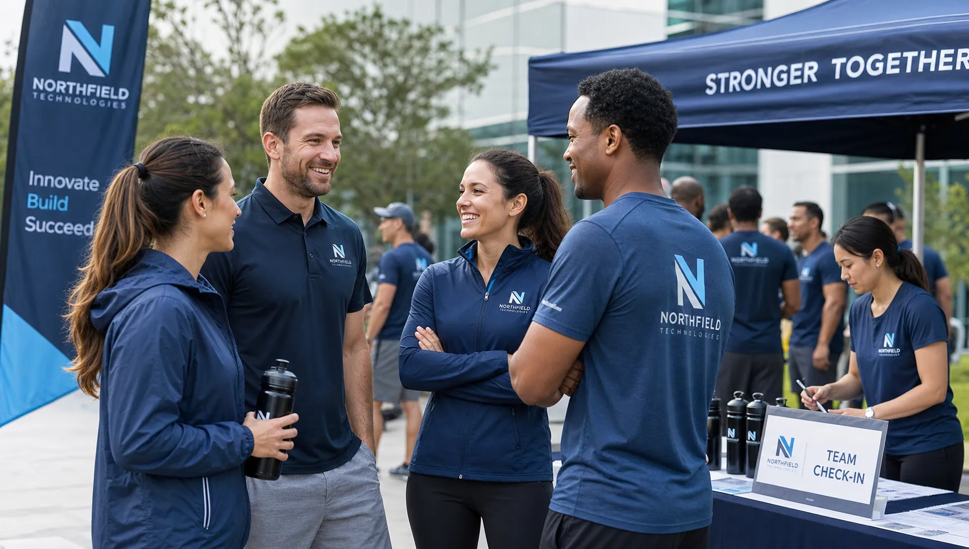 A modern corporate team wearing coordinated branded sportswear at an outdoor company event, with performance polos, lightweight jackets, and team tees near event banners and a registration table.