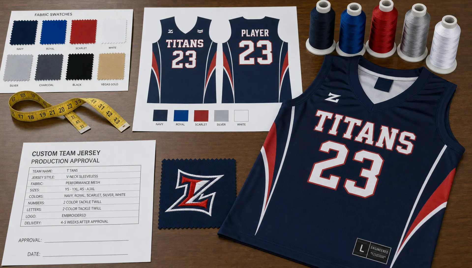 A sample review table with fabric swatches, a measuring tape, printed jersey panels, embroidery thread, and a finished custom team jersey arranged for production approval.