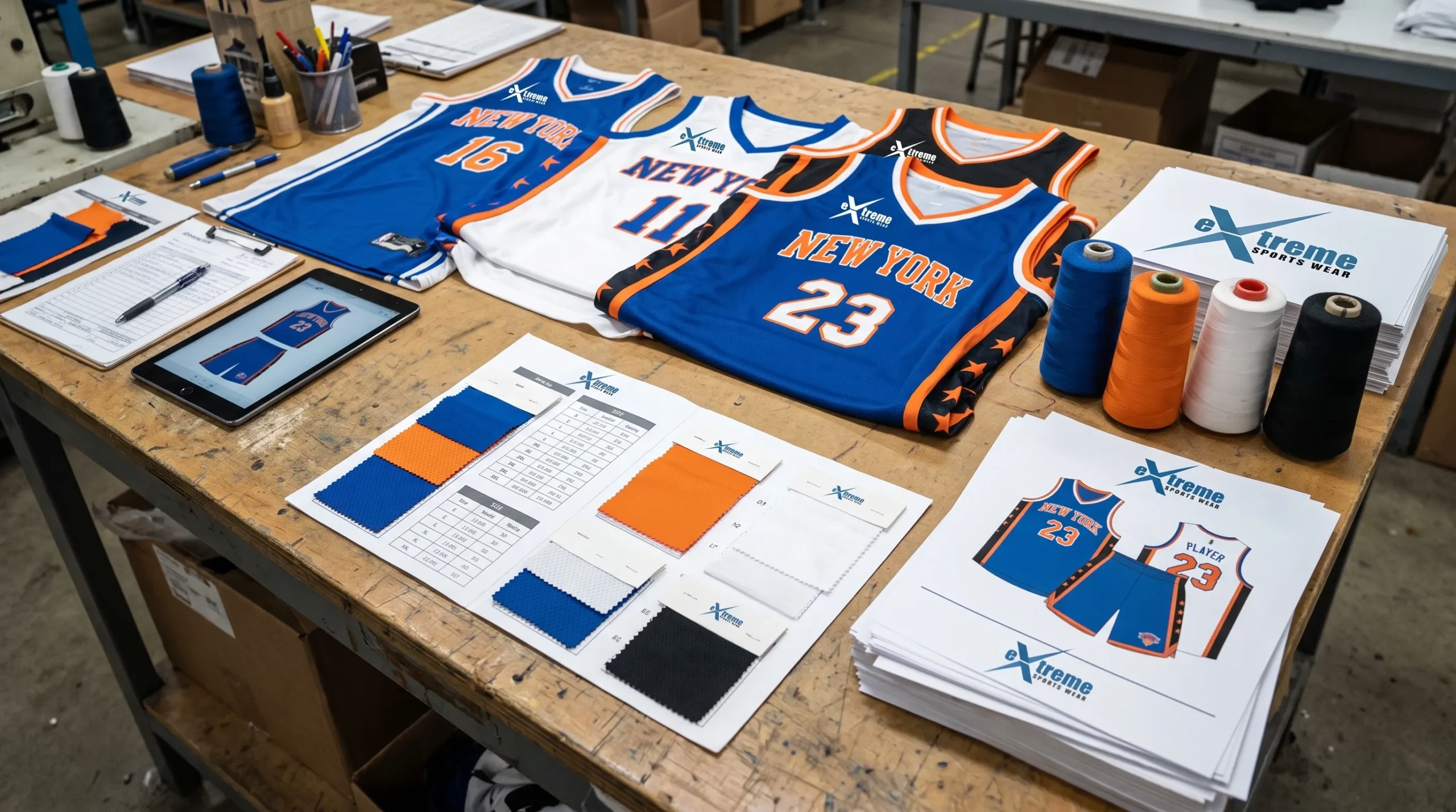 A factory worktable with basketball jerseys, fabric swatches, size charts, thread cones and printed team artwork arranged for a team uniform reorder review.