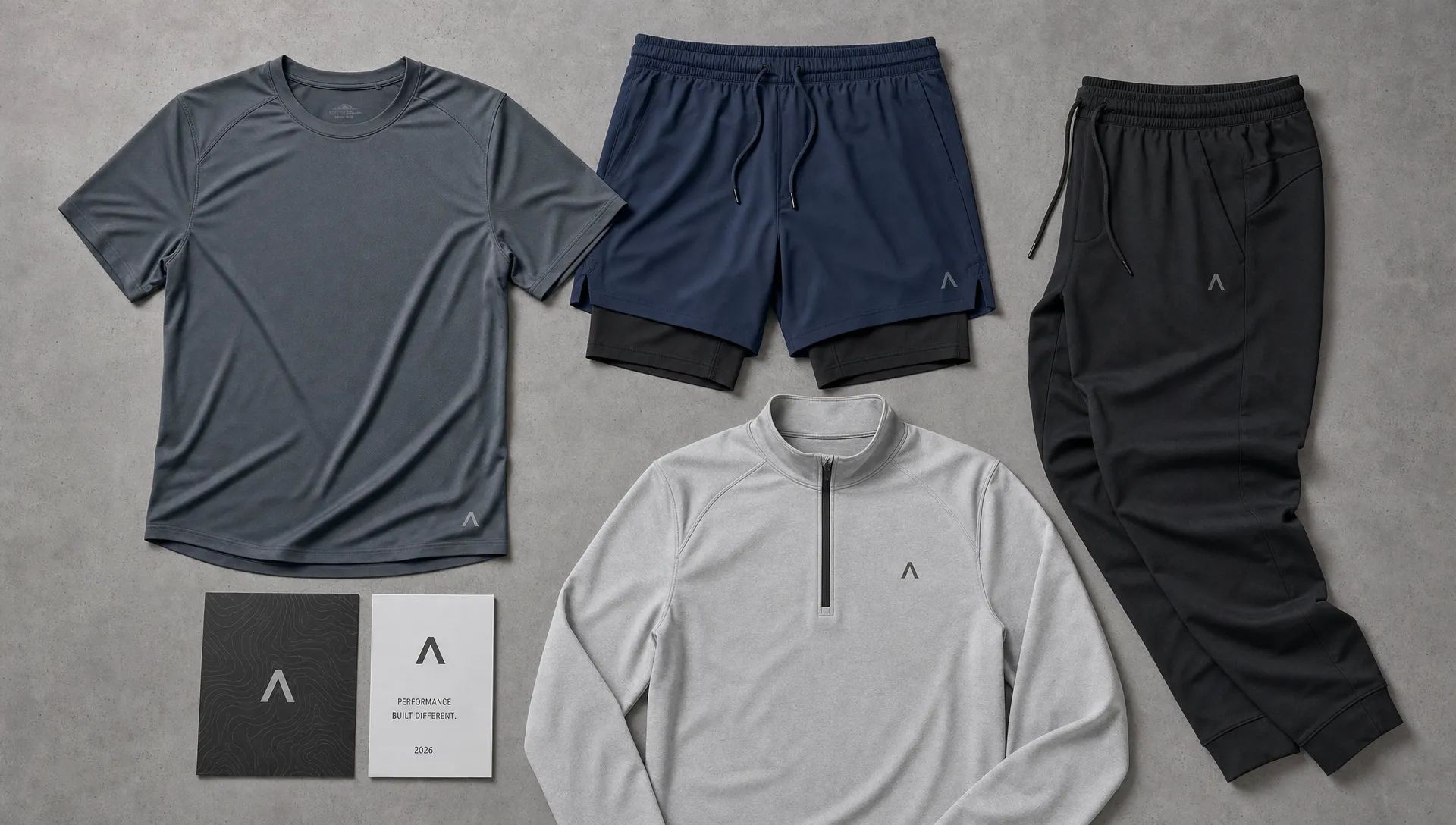 A flat lay of men’s athletic apparel for 2026 with a performance tee, 2-in-1 shorts, tapered joggers, a quarter-zip top, and packaging cards on a studio surface.