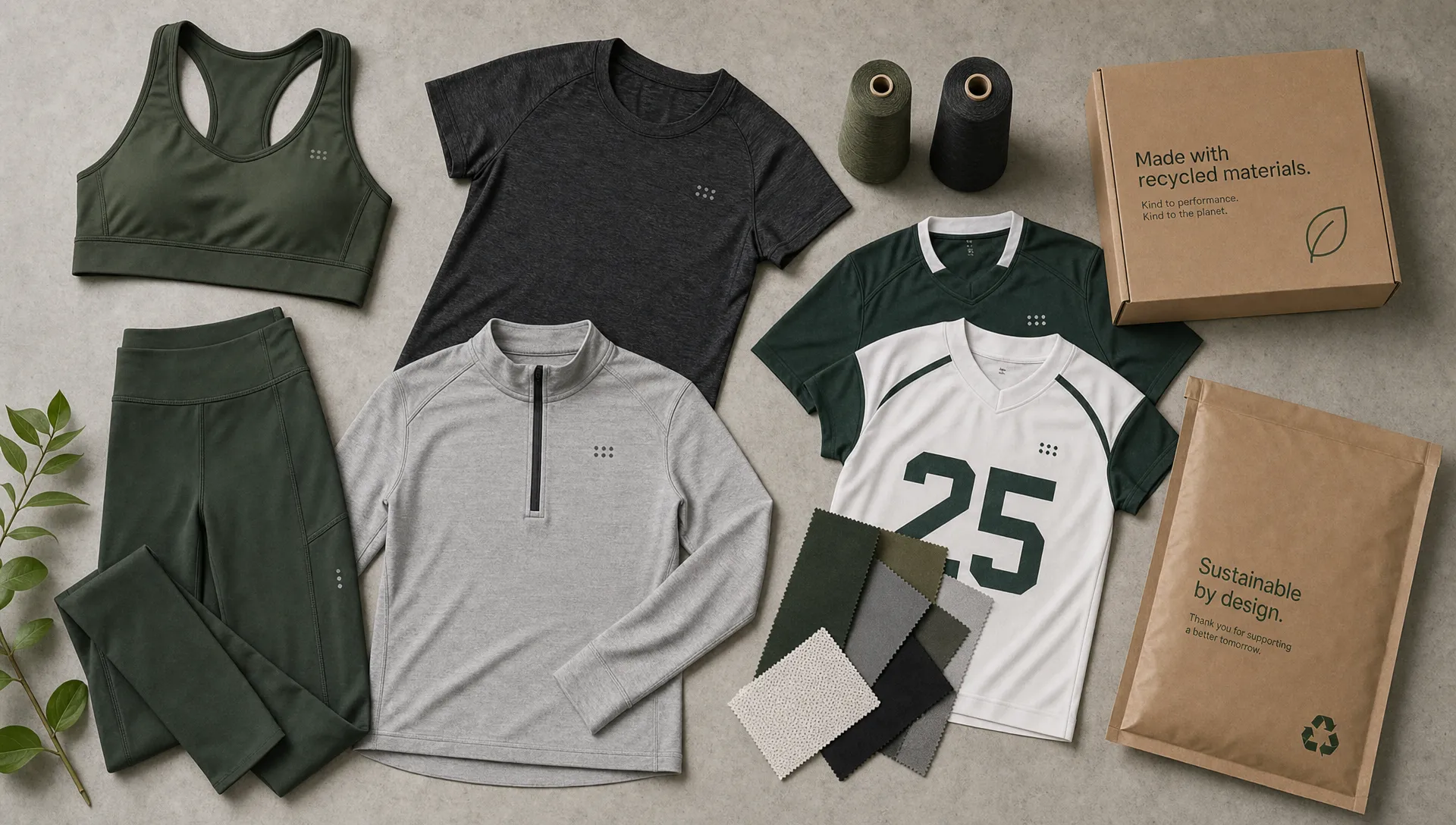 A flat lay of sustainable activewear with leggings, training tops, team jerseys, fabric swatches, thread cones, and simple recyclable packaging.