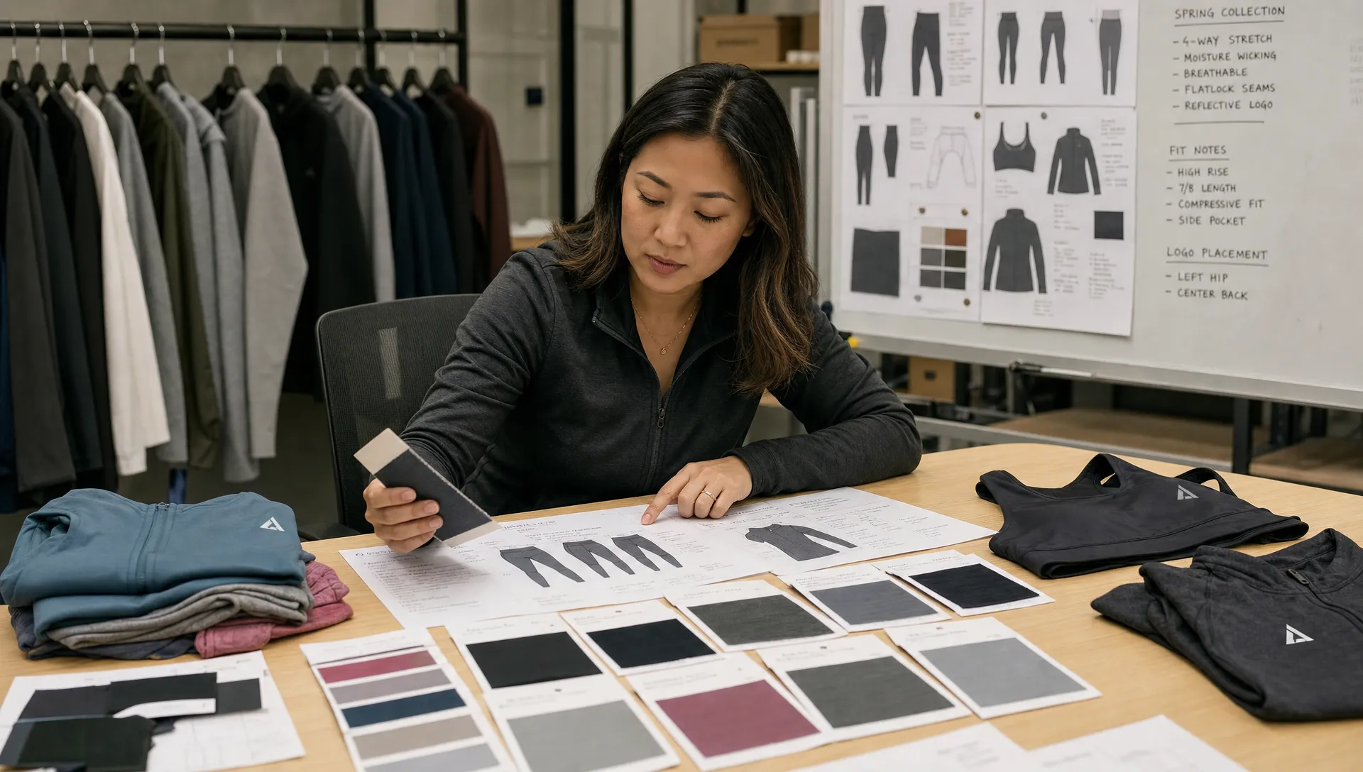 A sourcing manager reviews athletic wear samples on a table, comparing fabric swatches, measurement notes, logo placements and folded gym apparel before bulk production.