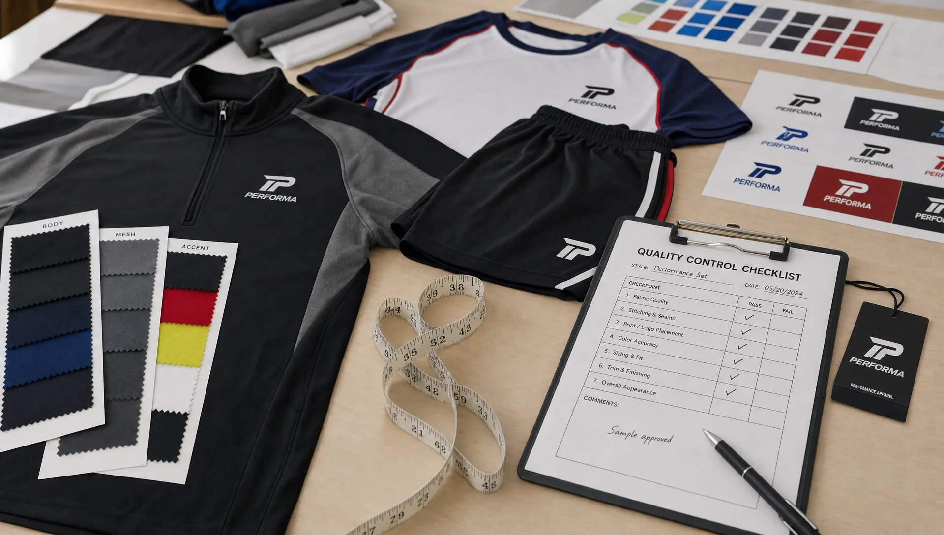 A worktable with custom sportswear samples, fabric swatches, a measuring tape, color cards, logo print tests, and a quality checklist arranged for inspection.