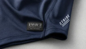 Close-up view of premium sports clothing details, including breathable performance fabric, reinforced seams, a custom woven label, and neatly finished printed branding on athletic garments, shown on a clean work surface with the garment edge and label clearly visible.