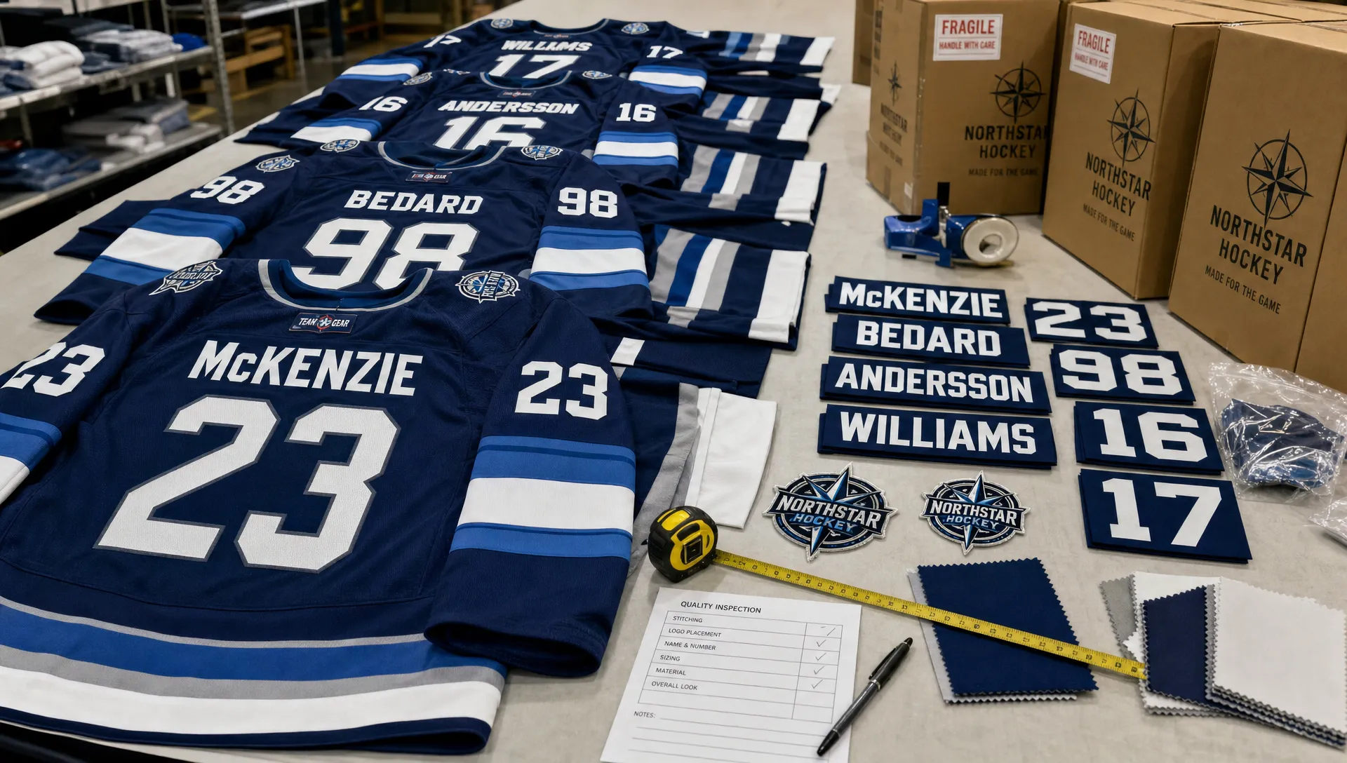 Rows of custom hockey jerseys laid out for quality inspection with a measuring tape, fabric swatches, printed name and number panels, embroidered patches, and packing cartons ready for shipment.