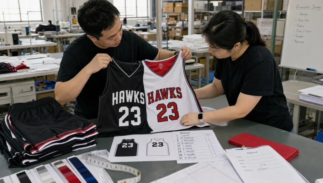 Two production specialists review a reversible basketball jersey sample beside a roster sheet and measuring tape.