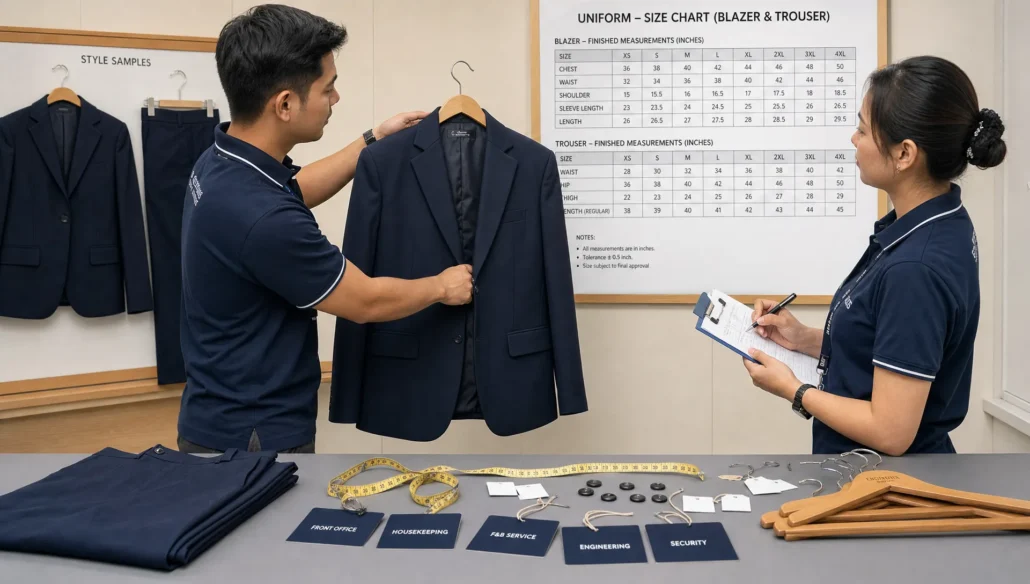 Two staff members review business uniforms against a size chart in a fitting room.