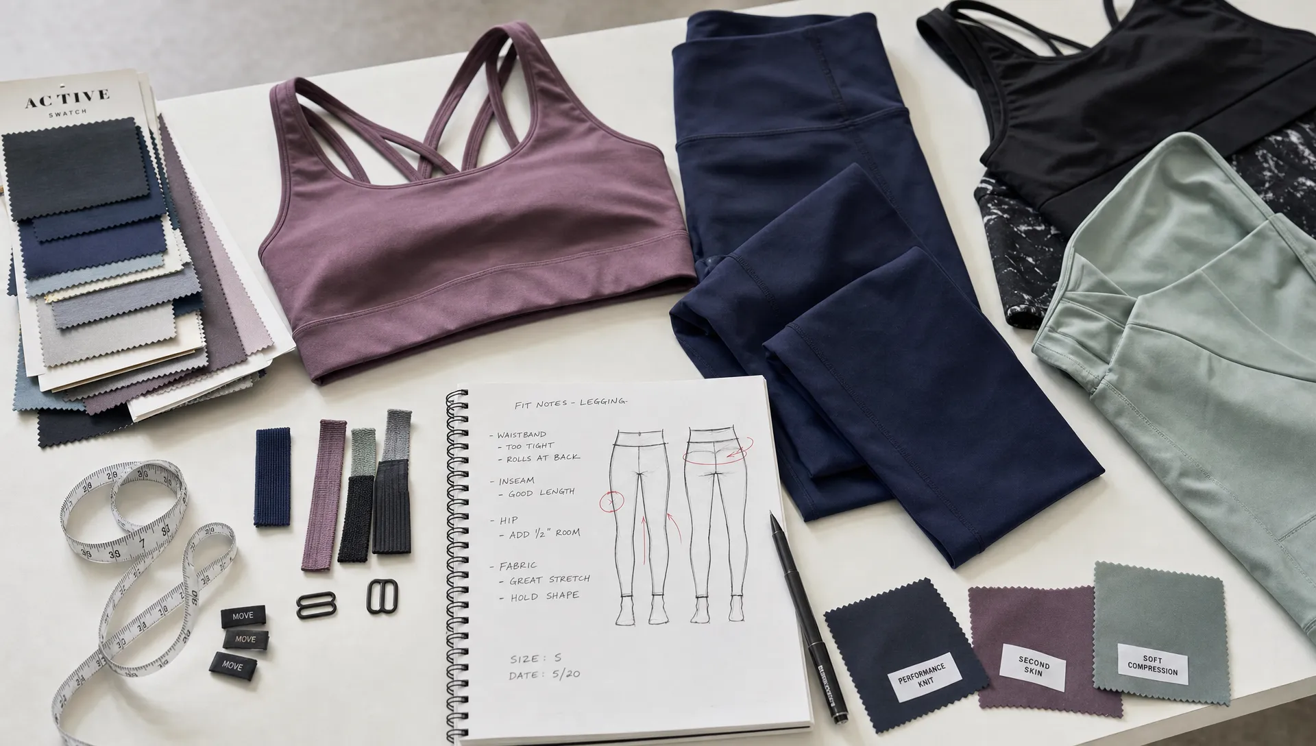 Women’s activewear samples on a studio table include leggings, sports tops, fabric swatches, a measuring tape, trims, and handwritten fit notes.