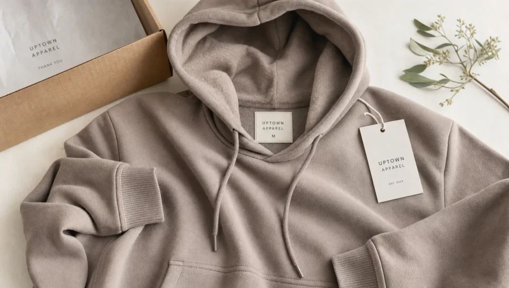A brushed fleece hoodie lies flat with its plush inner texture, ribbed cuffs, neat stitching, and hangtag showing premium shelf appeal.