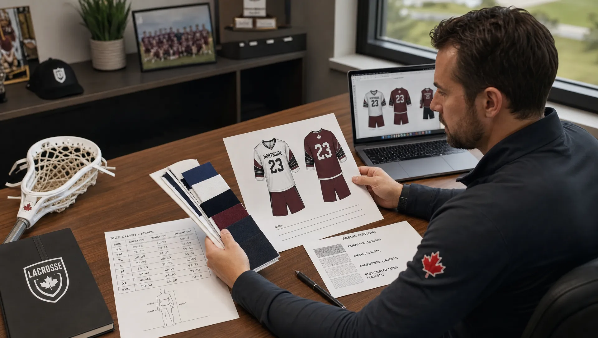 A Canadian team buyer reviews fabric swatches, jersey mockups, and size charts before approving custom lacrosse jerseys.