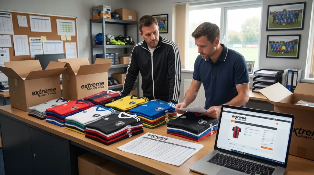 A coach and manager review packed private label soccer jerseys during a club handoff.