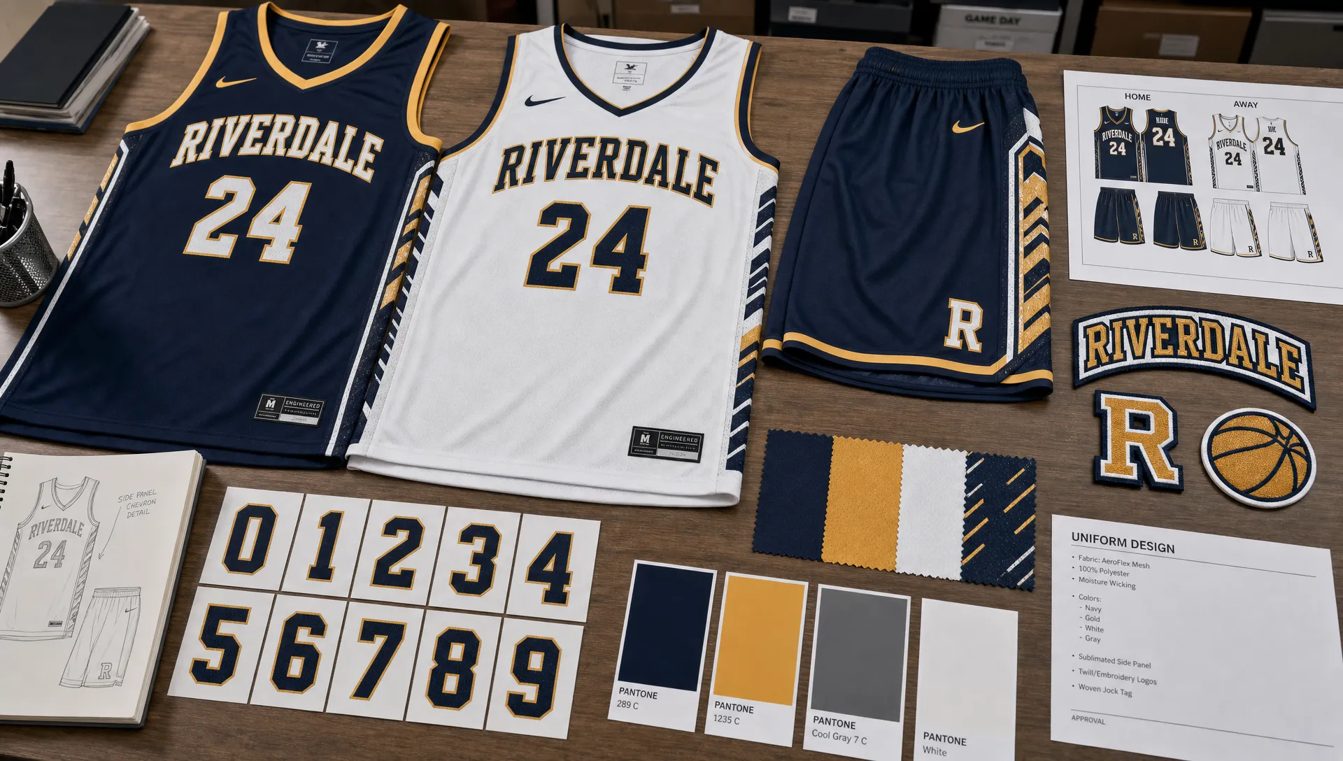 A college basketball uniform layout on a worktable with jerseys, shorts, swatches, color cards, number samples, and embroidery patches ready for review.