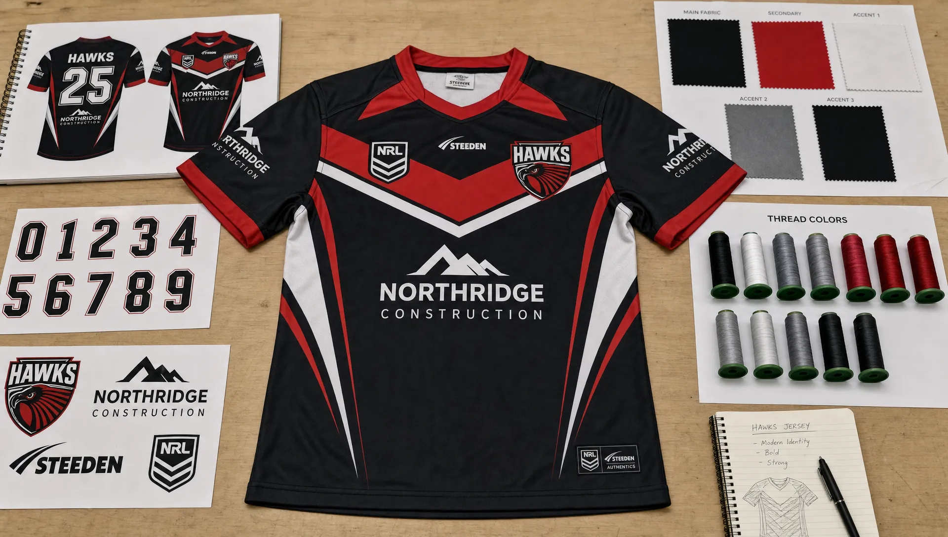 A custom rugby league jersey laid flat beside fabric swatches, number samples, sponsor artwork and thread colors on a worktable.