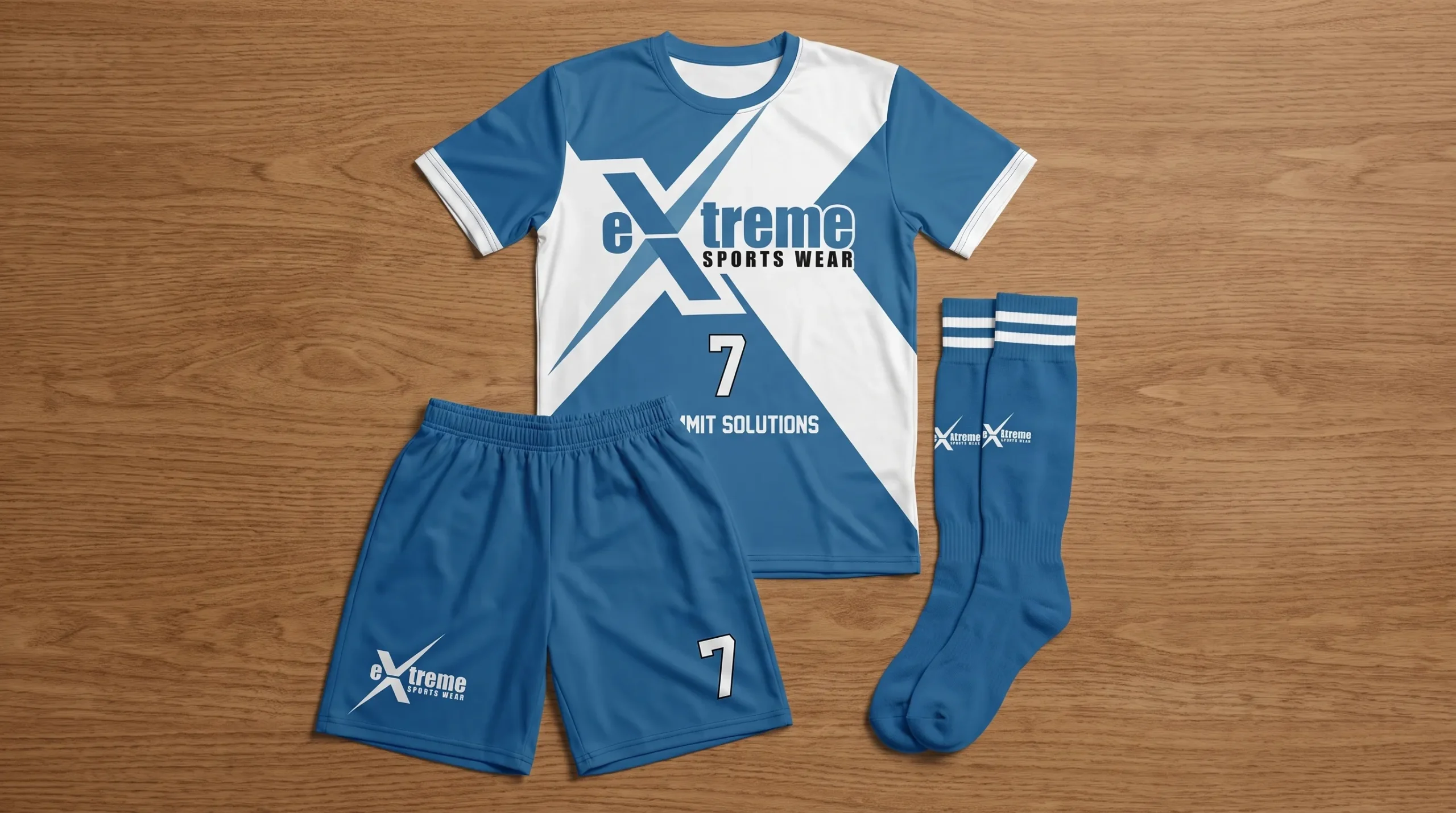 A custom sublimated soccer uniform set is laid out with jersey, shorts, and socks showing sponsor logos, player numbers, and matching club details.