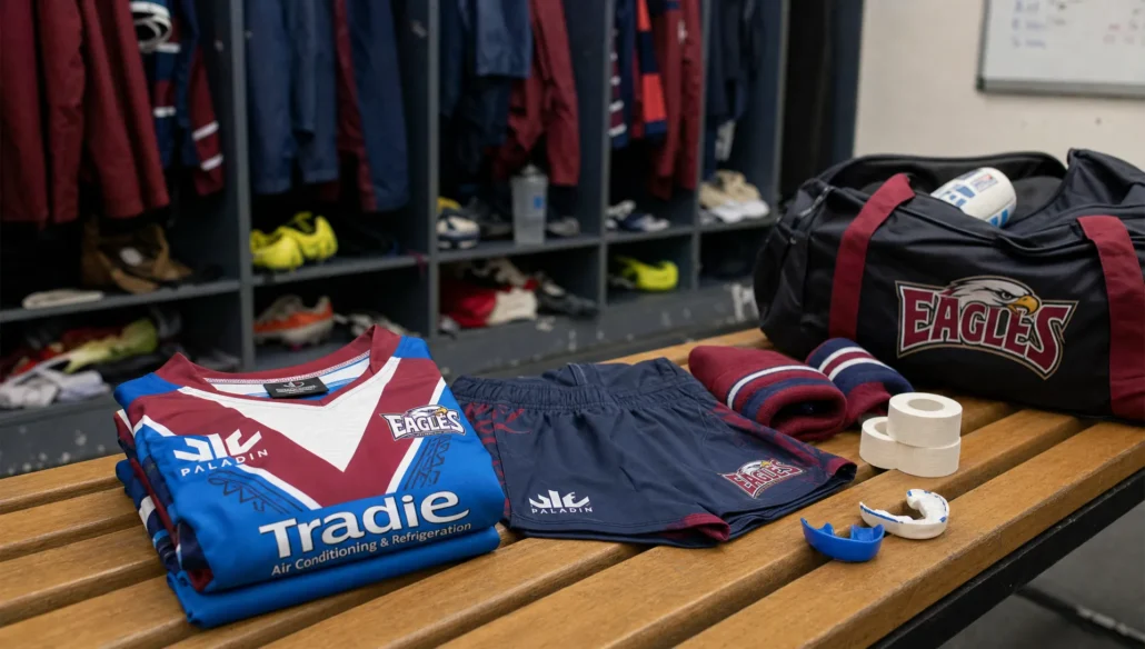 A finished custom rugby league jersey sits with shorts, socks and a team duffel in a gear room.