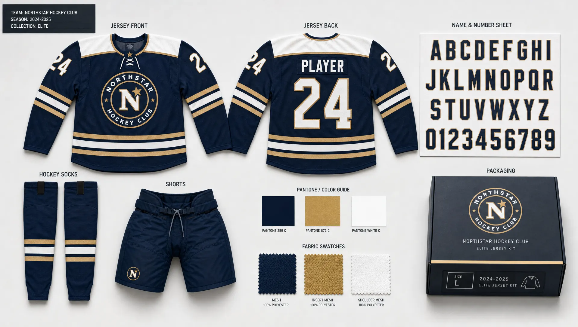 A full ice hockey team kit layout with jerseys, hockey socks, name and number sheets, fabric swatches, and labeled packaging ready for approval.