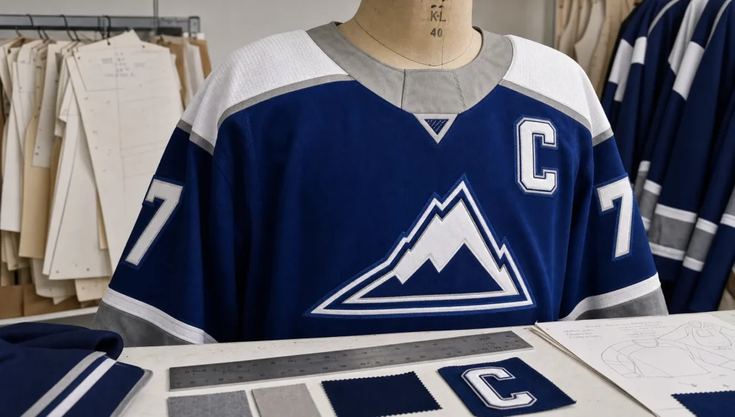 A jersey sample on a garment form shows shoulder seams, number placement, and fabric details for hockey production.