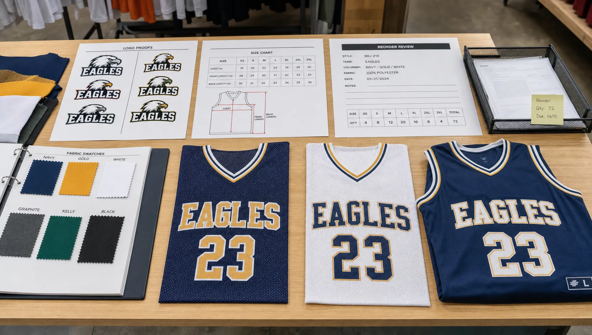 A production table holds basketball jersey swatches, logo proofs, size charts, and finished samples for a reorder review.