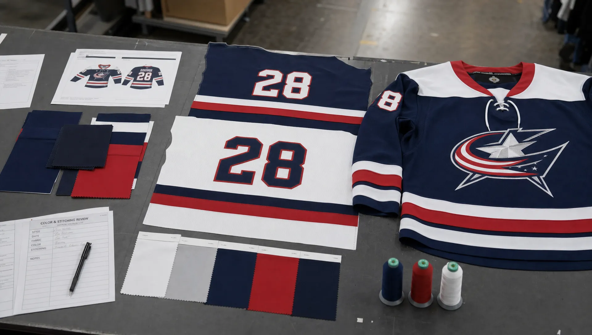 A production table holds hockey jersey panels, printed numbers, fabric swatches, and a sample jersey during a color and stitching review.