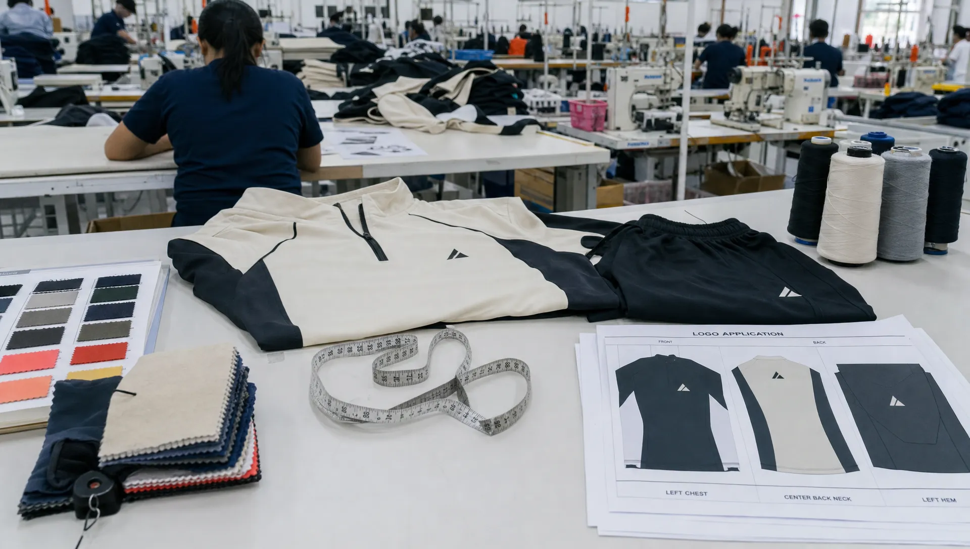 A production table in a sportswear factory with fabric swatches, a cut-and-sew sample, measuring tape, thread cones, and printed logo panels for quality review.