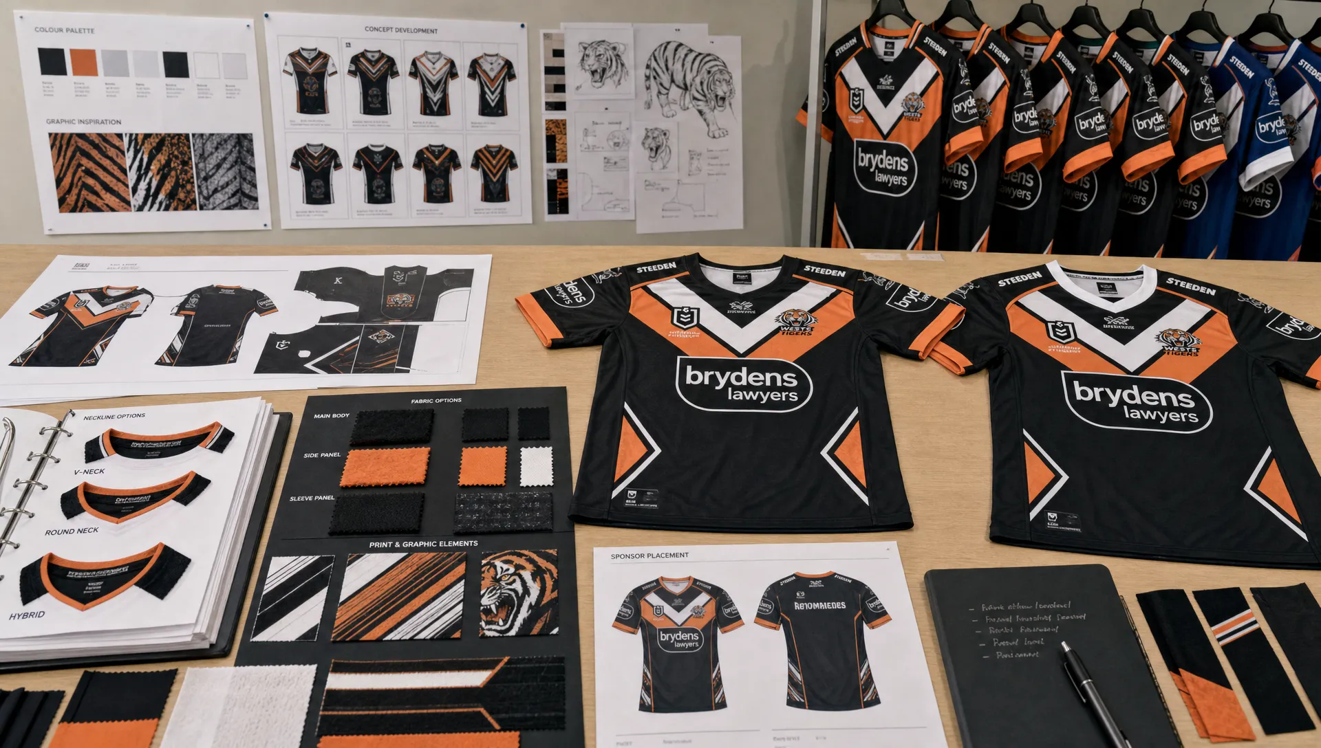 A production table shows rugby league jersey development with fabric swatches, printed panels, sponsor placements, neckline samples, and completed jerseys for review.