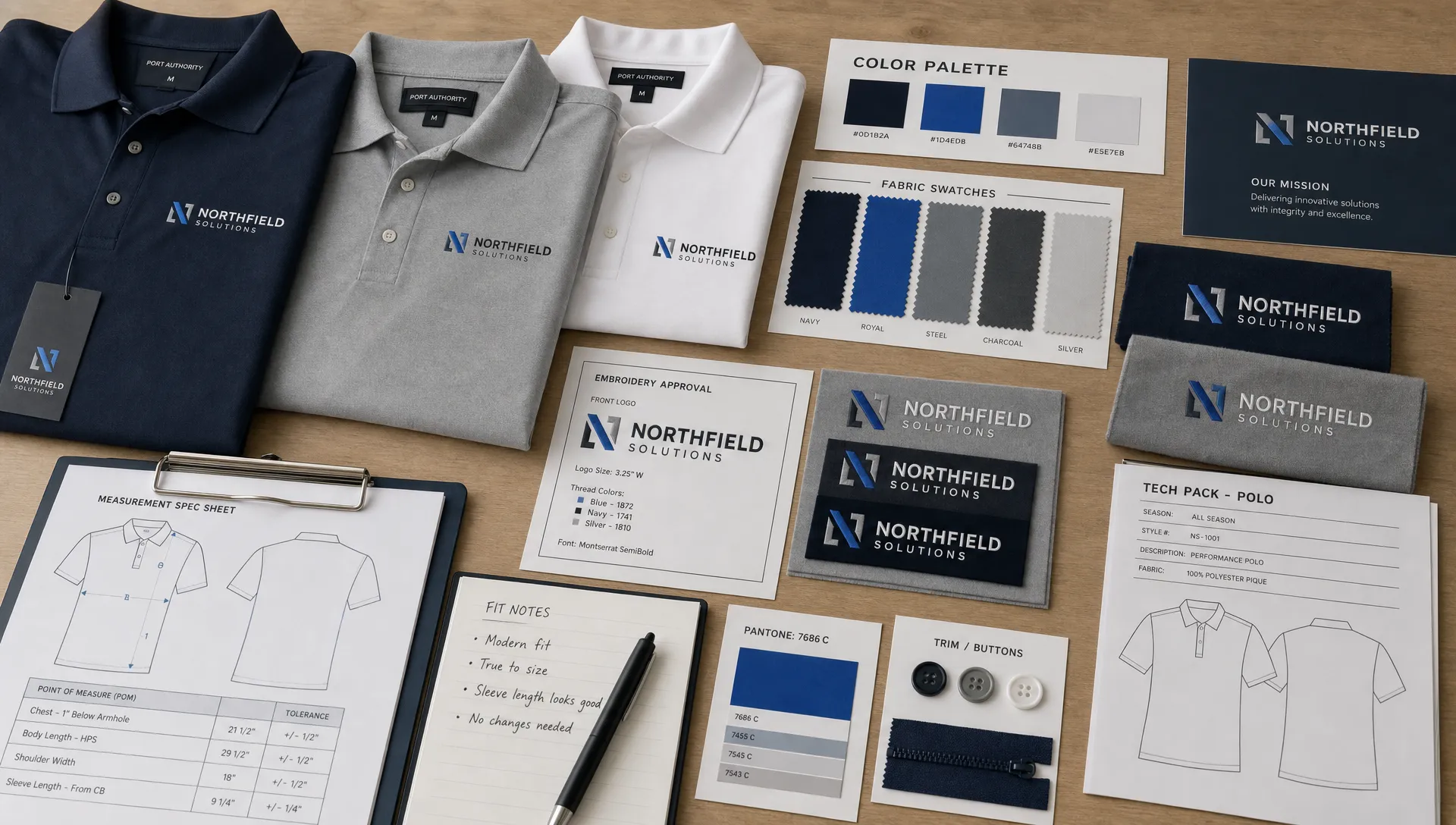 A production table with approved corporate apparel samples, fabric swatches, embroidery tests, color cards, and measurement notes for brand consistency.