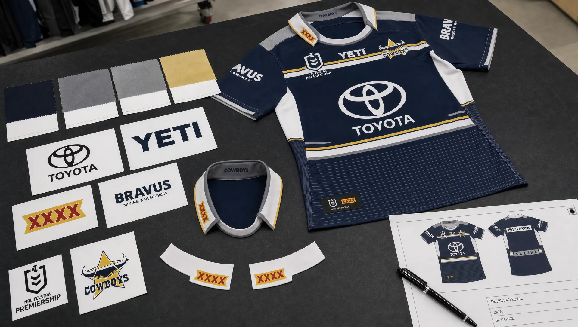 A production table with fabric swatches, sponsor logo samples, collar pieces and a rugby league jersey mockup used for approval.
