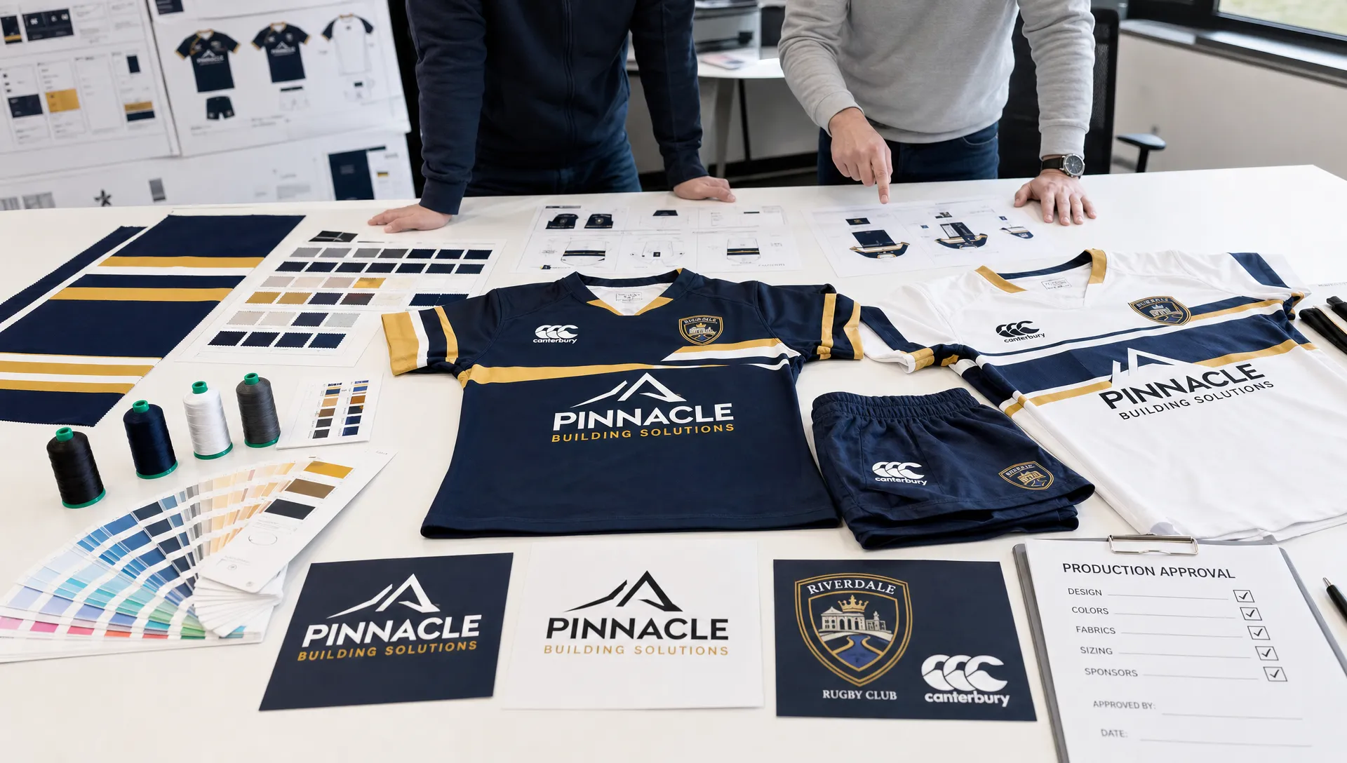 A production table with rugby jerseys, shorts, fabric swatches, thread samples, and sponsor panels being reviewed before bulk production.
