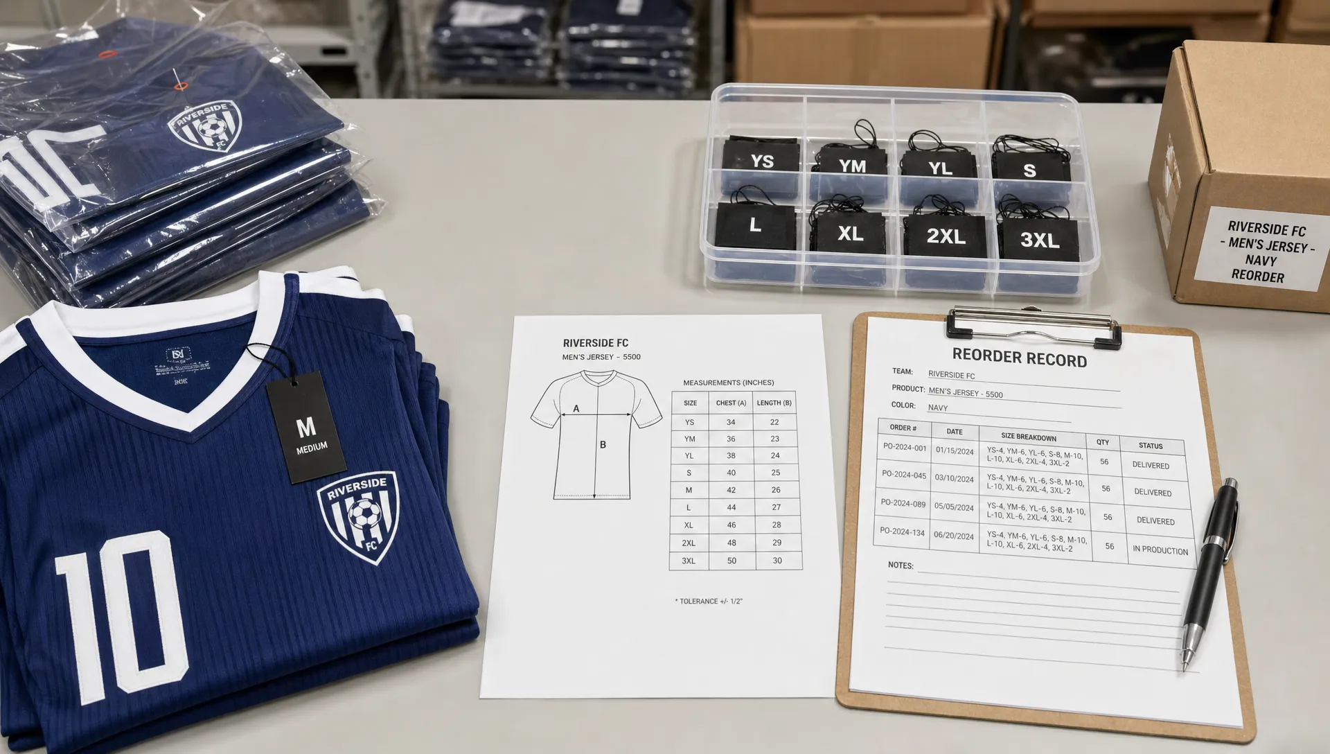 A production table with soccer jerseys, size tags, measurement sheets, and reorder records organized for repeat teamwear production.