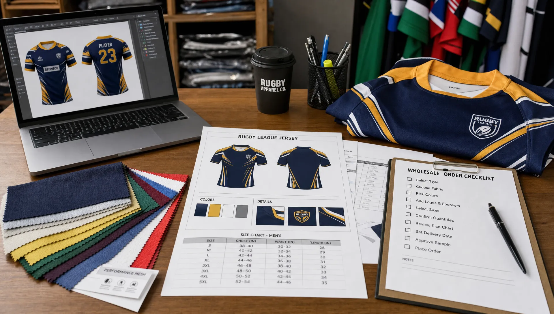 A rugby apparel production desk with fabric swatches, size charts, jersey mockups, and an order checklist for wholesale rugby league jerseys.
