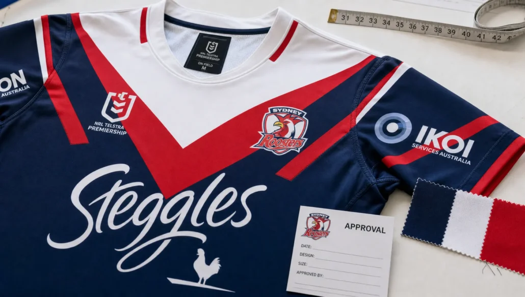 A rugby league jersey front panel lies on an inspection table with crest placement, seams, and fabric samples.