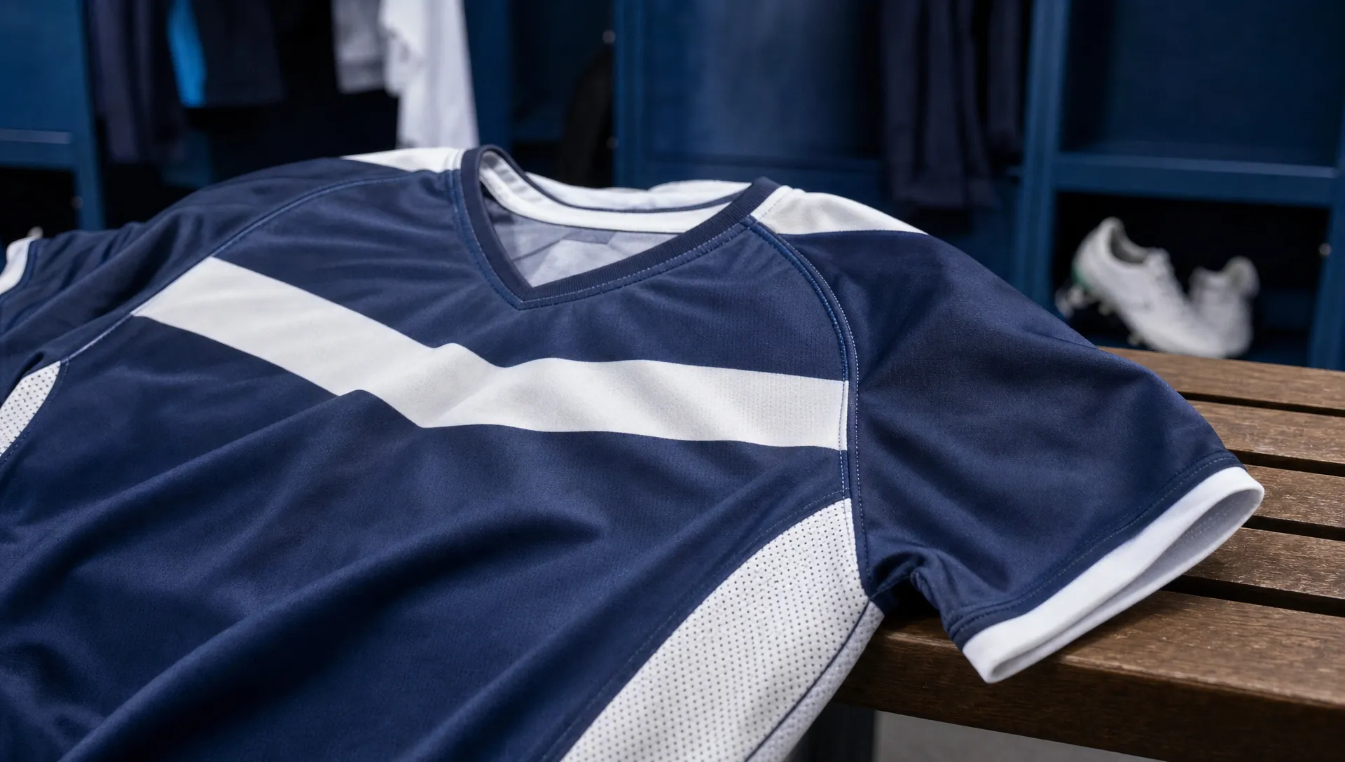 A rugby league jersey on a locker room bench shows breathable side panels, reinforced shoulder seams and a fitted sleeve opening.