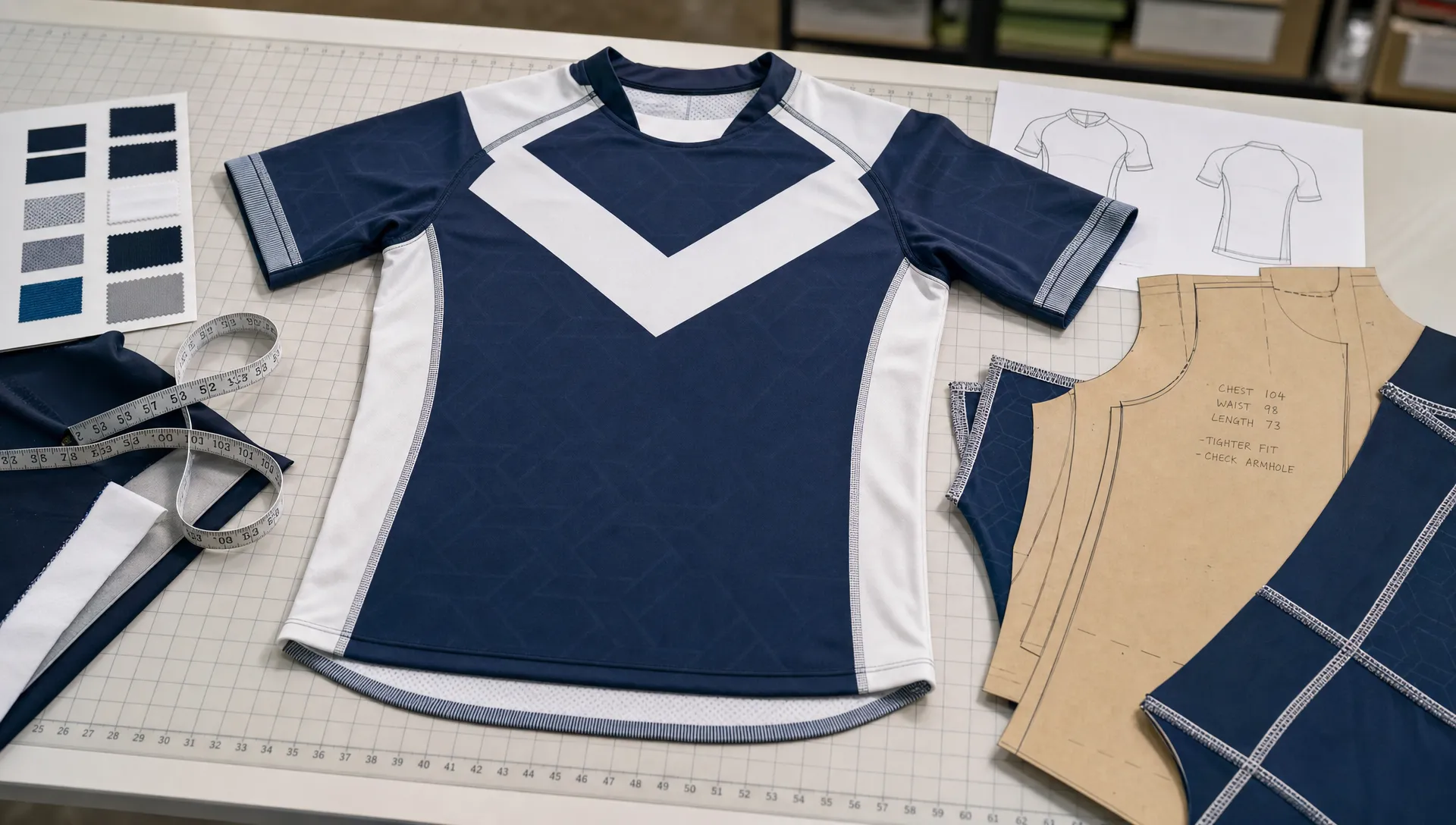 A rugby league jersey sample lies on a cutting table with measuring tape, fabric swatches, pattern pieces, and seam details for fit evaluation.