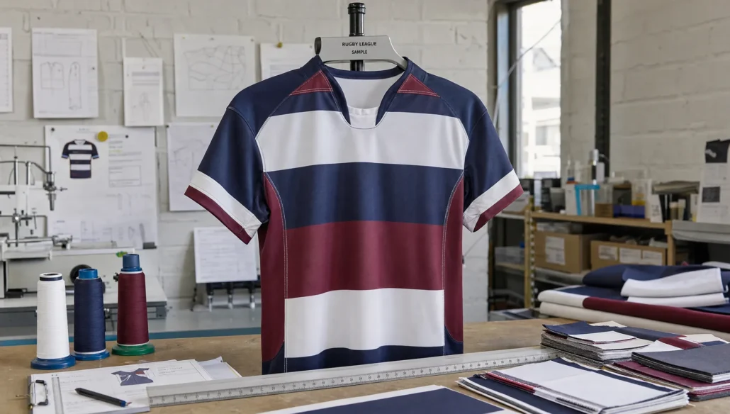 A rugby league jersey sample on a garment stand shows collar shape, reinforced shoulders, and seam alignment.