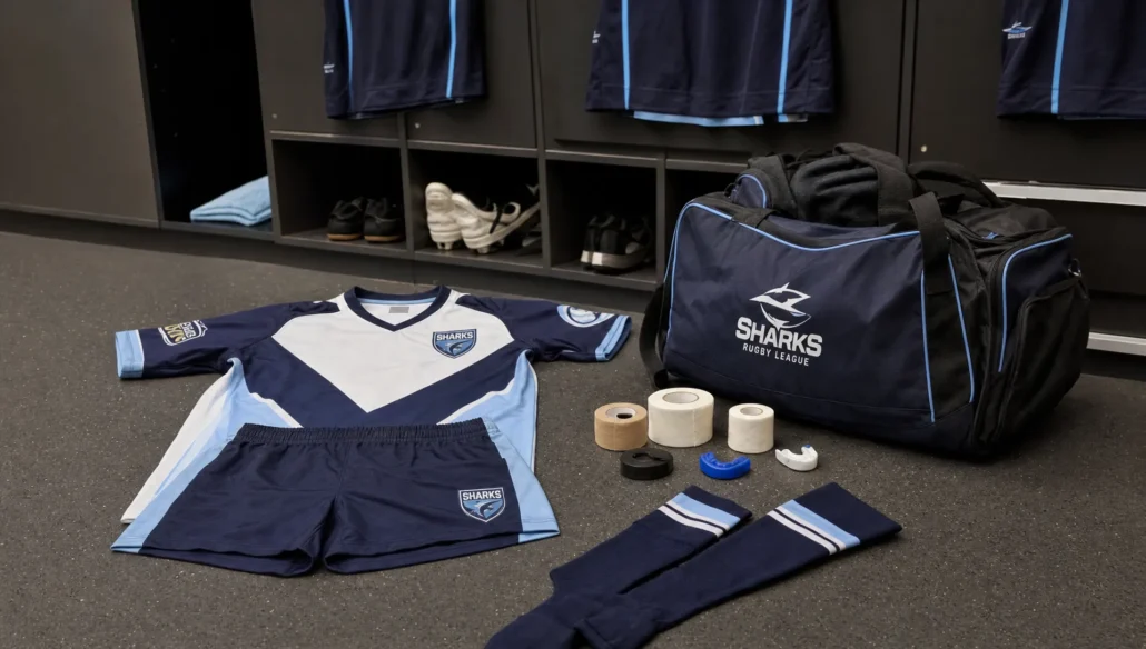 A rugby league kit is laid out in a club gear room with shorts, socks, tape, and a duffel.