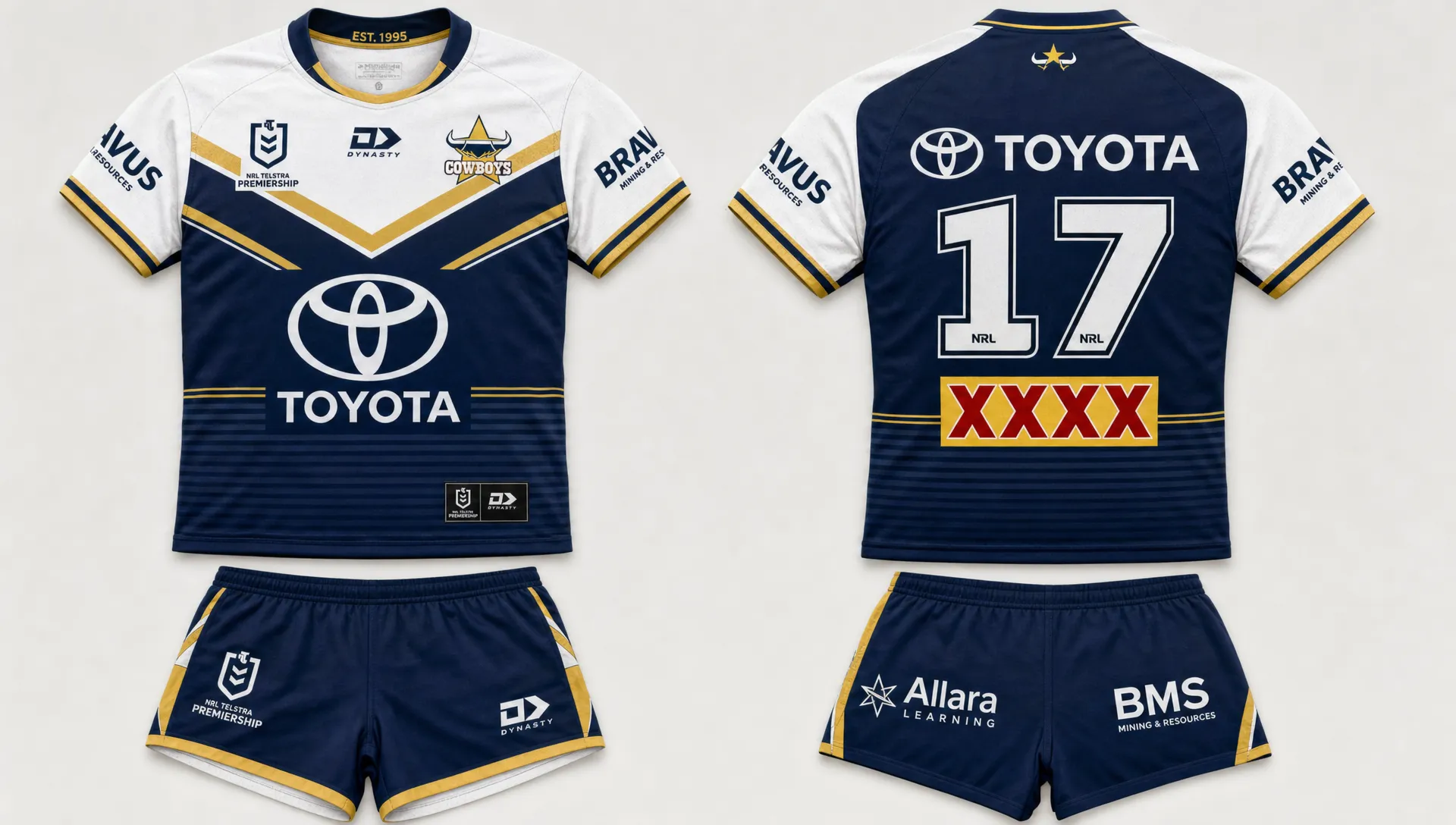 A rugby league kit layout shows matching shorts and jerseys arranged together with sponsor placements, player numbers, and coordinated trim details.