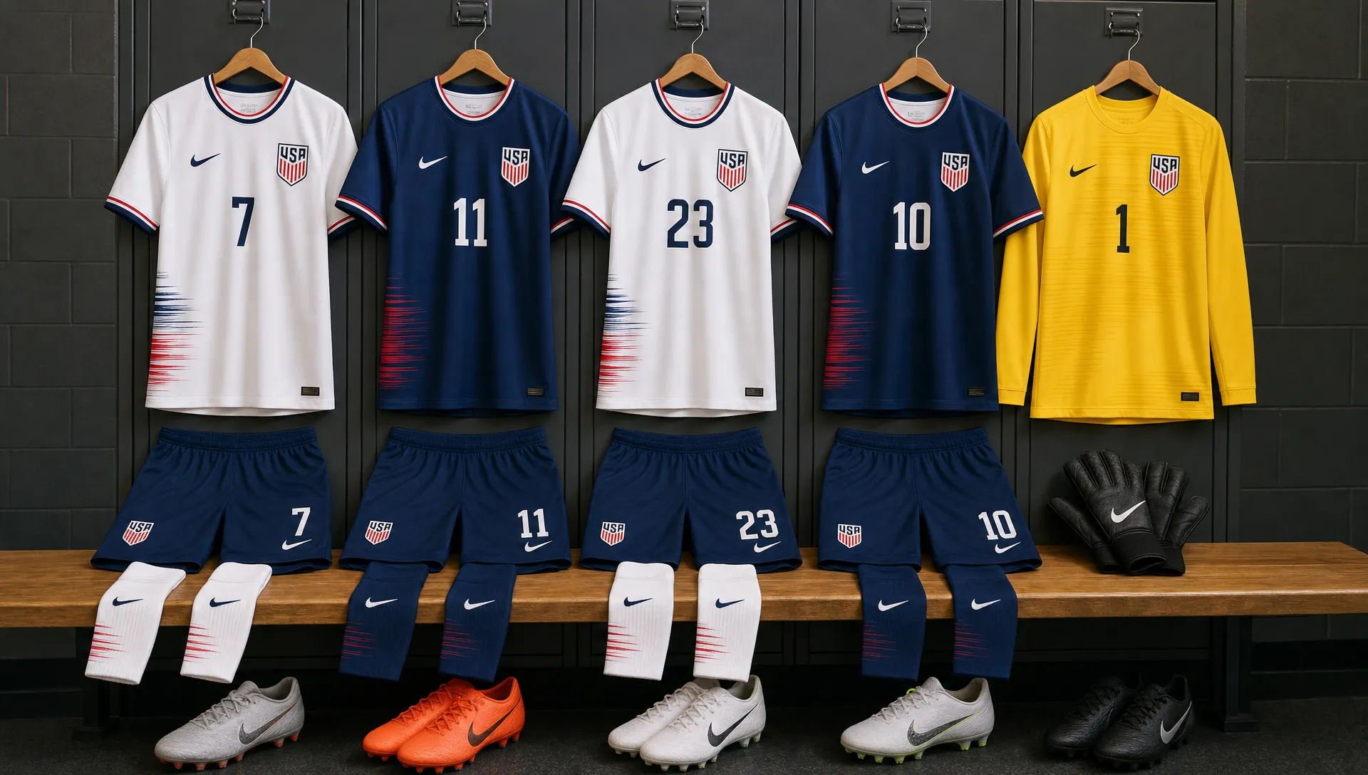 A set of custom soccer uniforms on a locker room bench shows jerseys, shorts, socks, and a goalkeeper top ready for a USA team order.