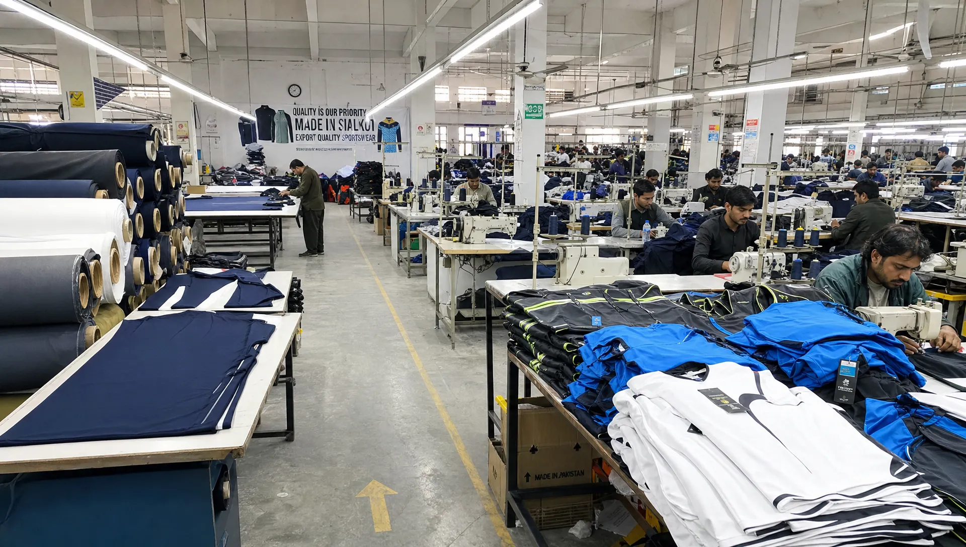 A Sialkot sportswear factory floor with fabric rolls, cut panels, sewing stations, and finished athletic garments ready for export.