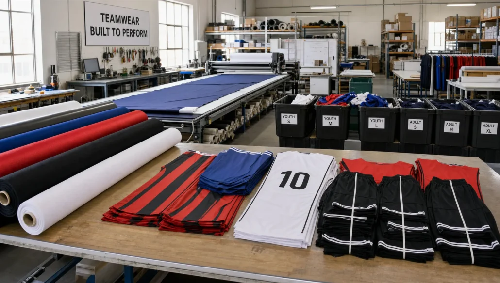 A soccer uniform manufacturing floor with cutting tables, fabric rolls, and labeled bins for size groups in a bulk production setting.