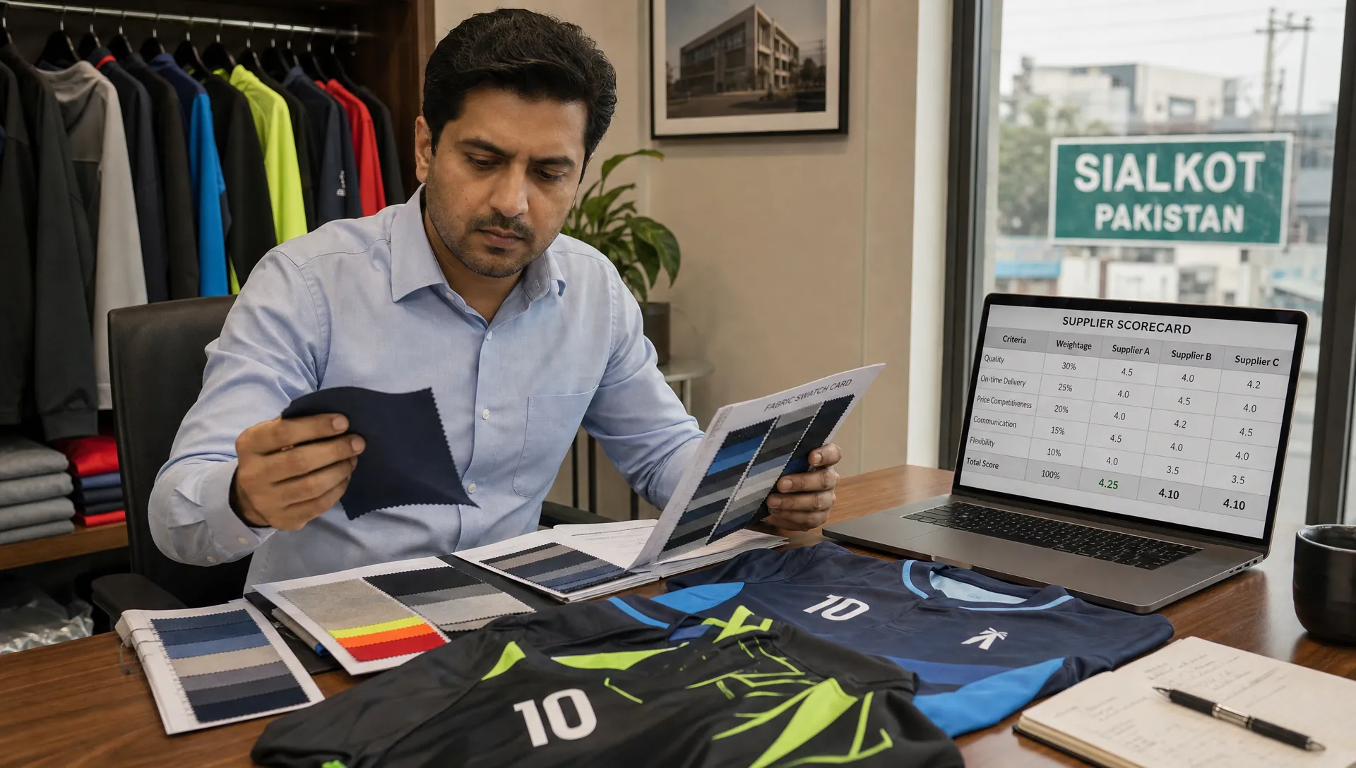 A sourcing manager compares fabric swatches, custom jerseys, and a supplier scorecard before choosing a sportswear manufacturer in Sialkot.
