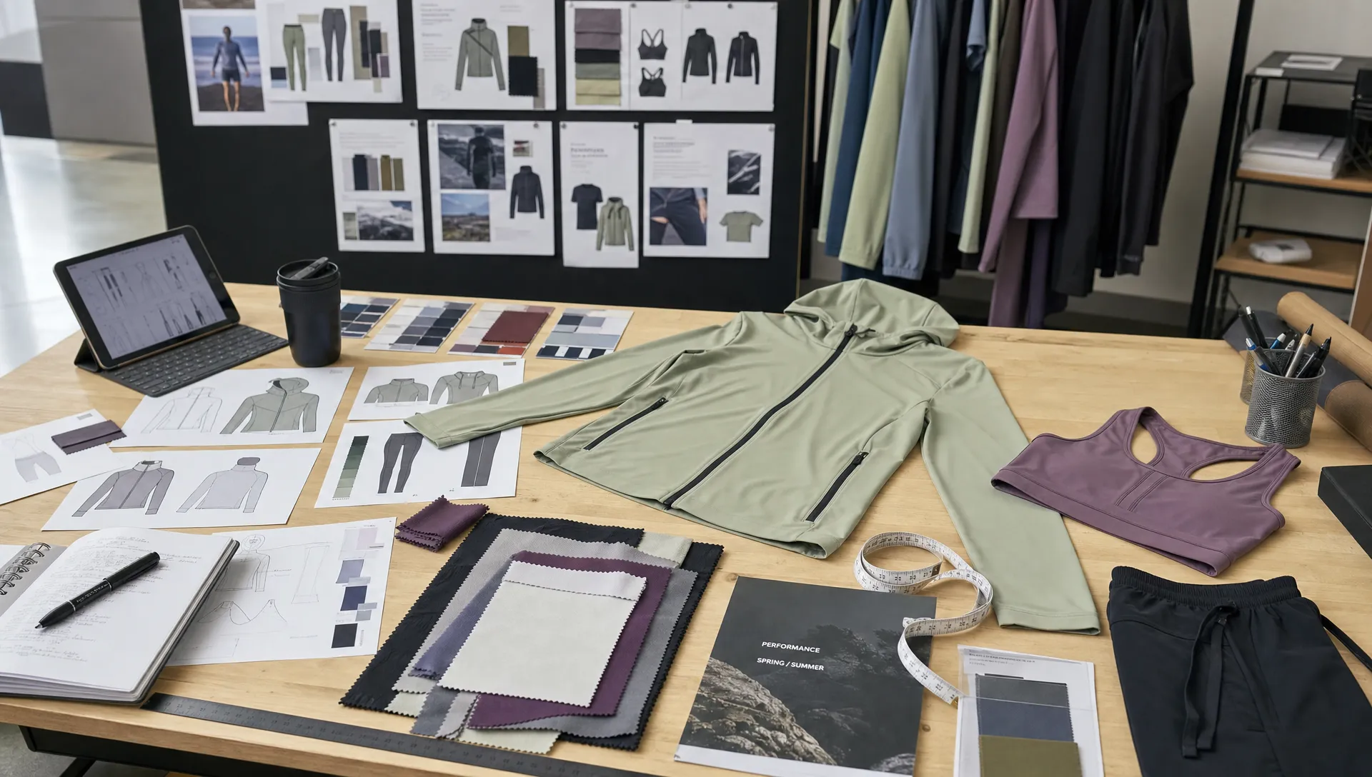 A sportswear design workspace with fabric swatches, pattern pieces, color cards, measuring tools and prototype garments laid out for collection planning.