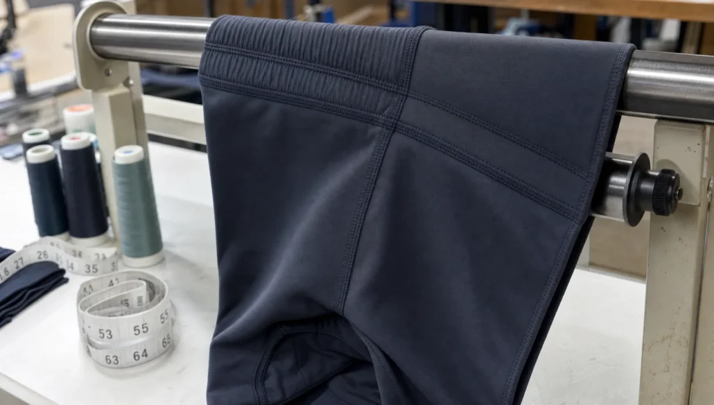 A sportswear sample shows waistband stitching, seam detail, and inspection tools in a workshop.