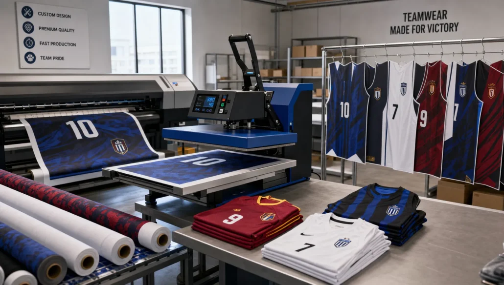 A sublimation production room shows printed jersey panels, fabric rolls, and folded soccer kits ready for manufacturing.