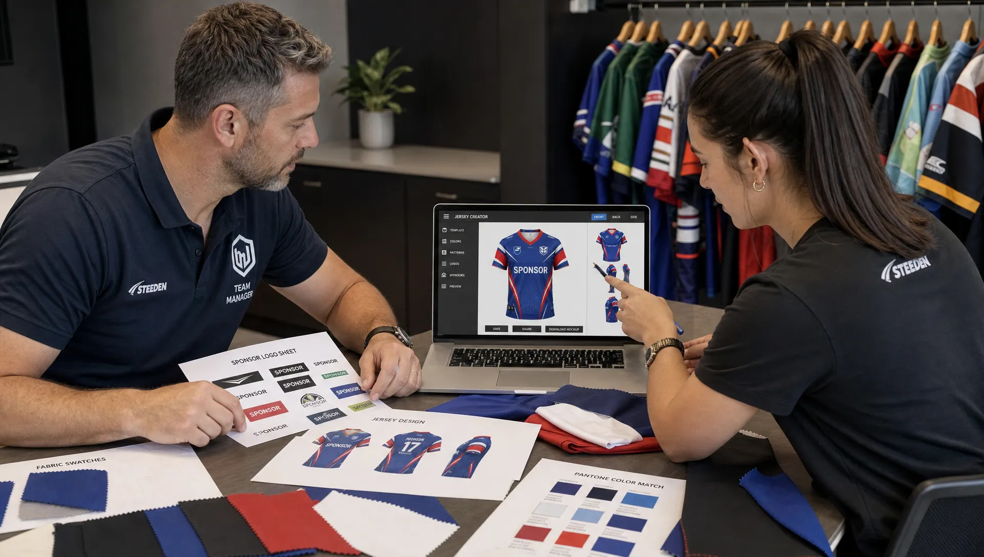 A team manager and apparel producer review fabric swatches, sponsor sheets and a laptop screen showing a rugby league jersey creator mockup before approval.
