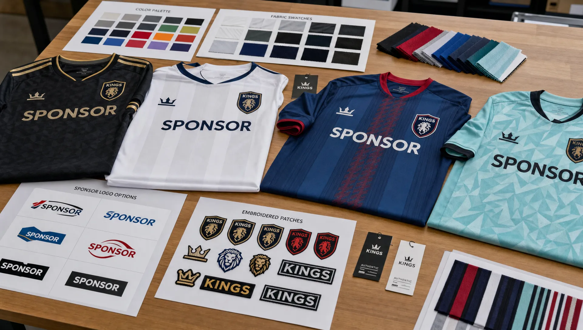 A worktable with custom soccer jersey samples, fabric swatches, color cards, embroidered patches and sponsor print tests arranged for private label review.